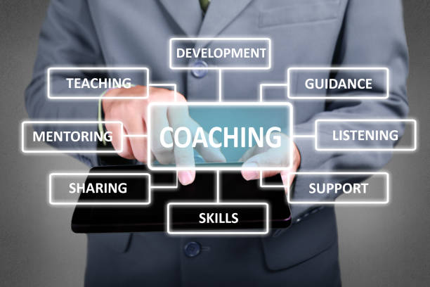 IMAGE 1-LANDING PAGE Business Concept. Businessman click coaching button on his tablet. Coaching strategy scheme diagram. Text typography design